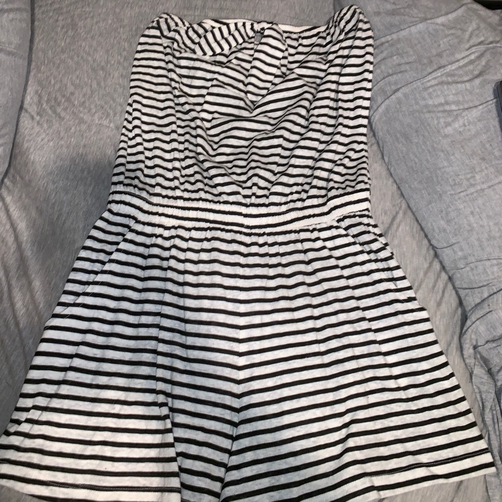 Black and white striped strapless romper